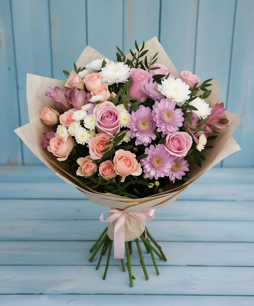 Букет цветов из: Хризантемы, Розы и Альстромерии в Починках