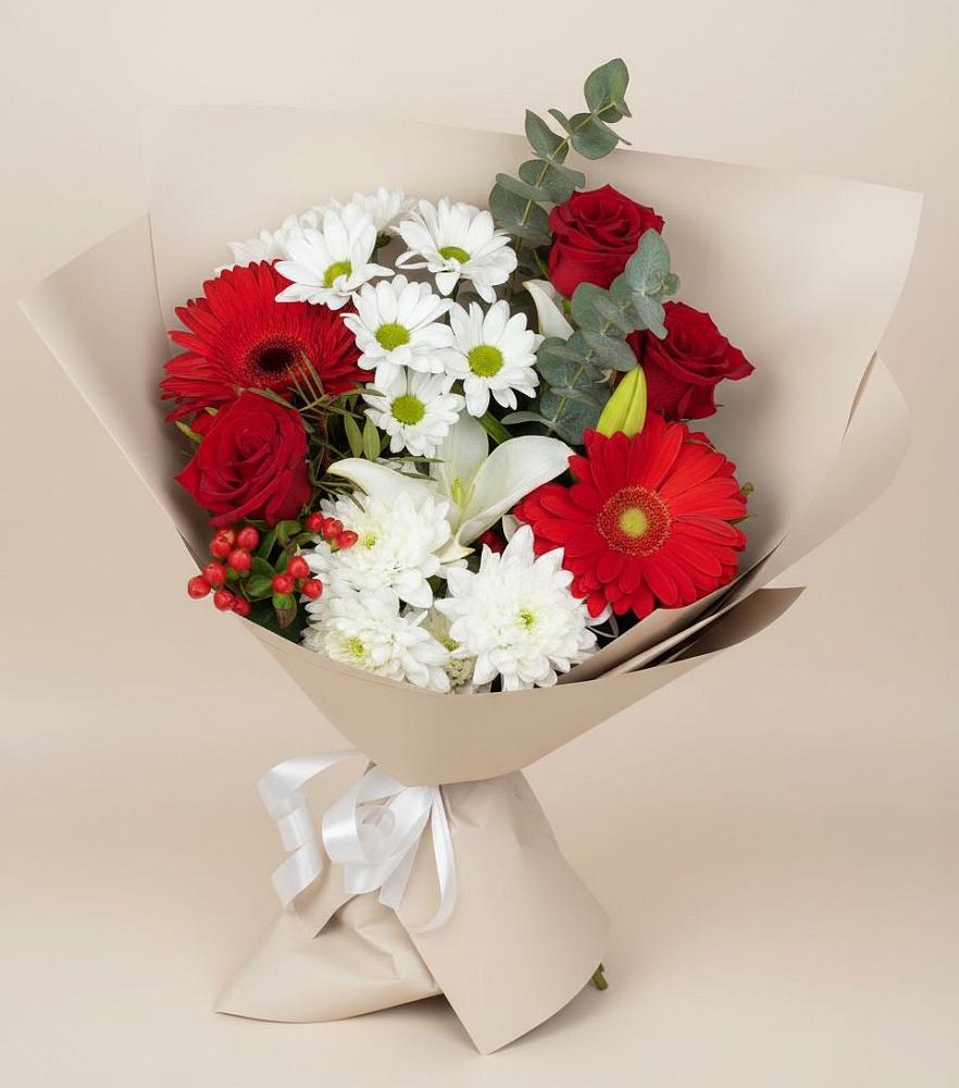 Букет цветов из: Розы, Хризантемы, Герберы и Лилии в Починках
