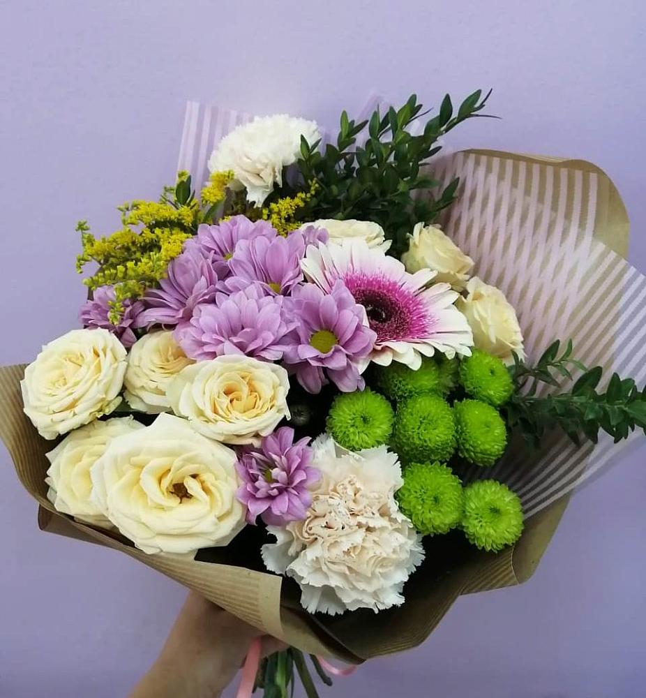 Букет цветов из: Хризантемы, Розы, Гвоздики и Герберы в Починках