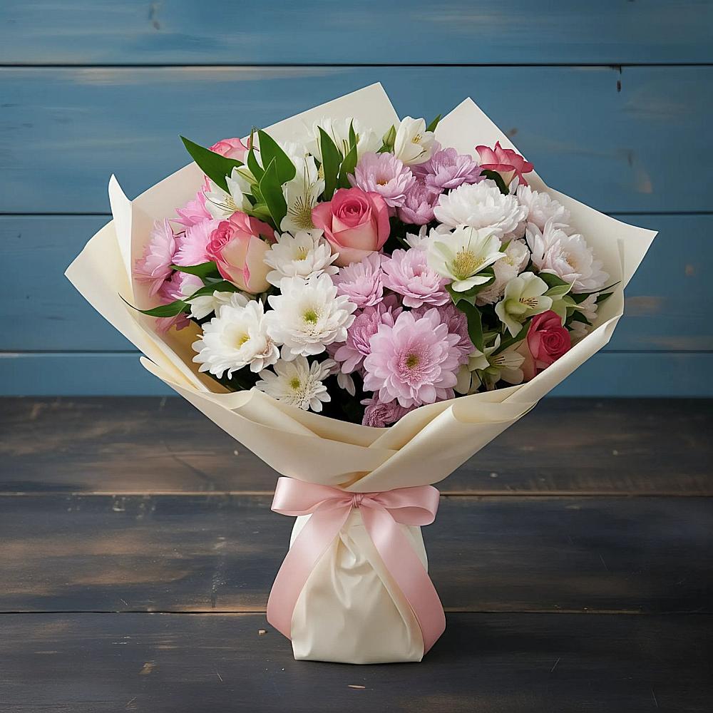 Букет цветов из: Хризантемы, Альстромерии и Розы в Починках